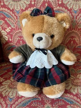 Harrods Plaid Bow Teddy Bear in Tan, Green, Red